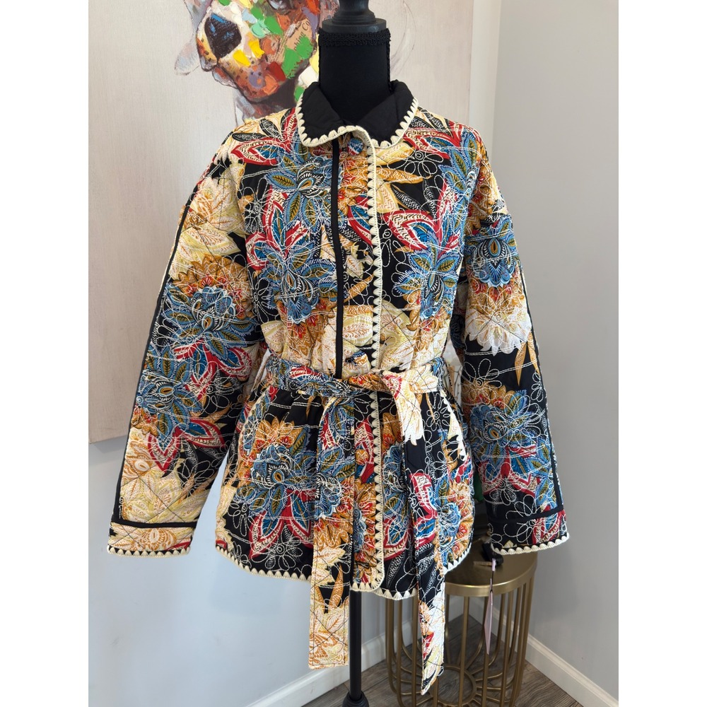 Avec Les Filles Golden Boho Quilted Belted Jacket Scallop Trim NWT M
